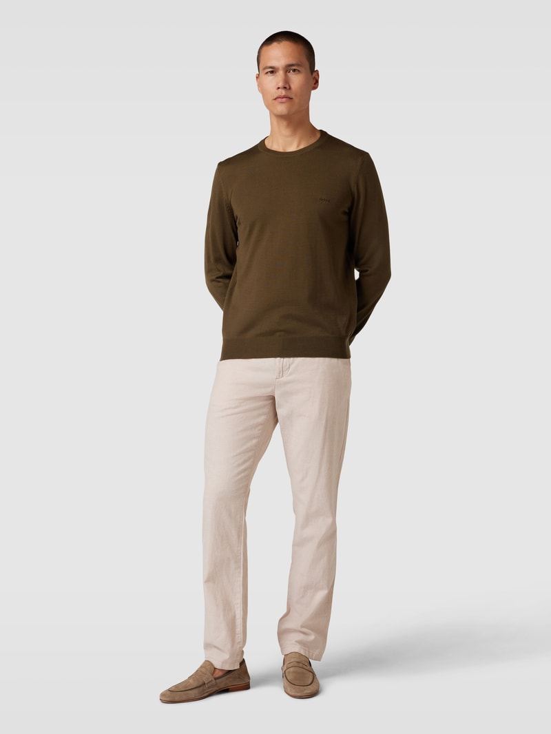 Strickpullover aus Schurwolle mit Label-Stitching Modell 'Otto' in mittelbraun