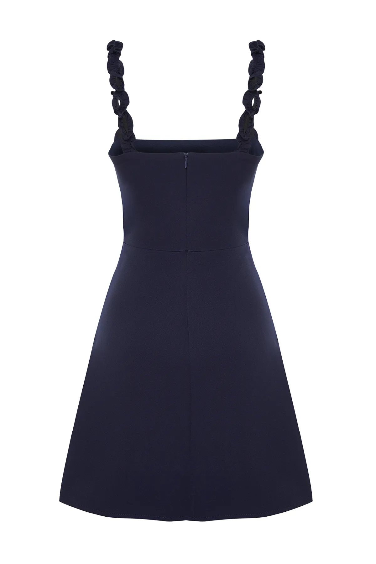 Trendyol Collection  Marineblaues A-Linien-Minikleid mit quadratischem Kragen und Riemen und detailliertem Webmuster TWOSS22EL2175