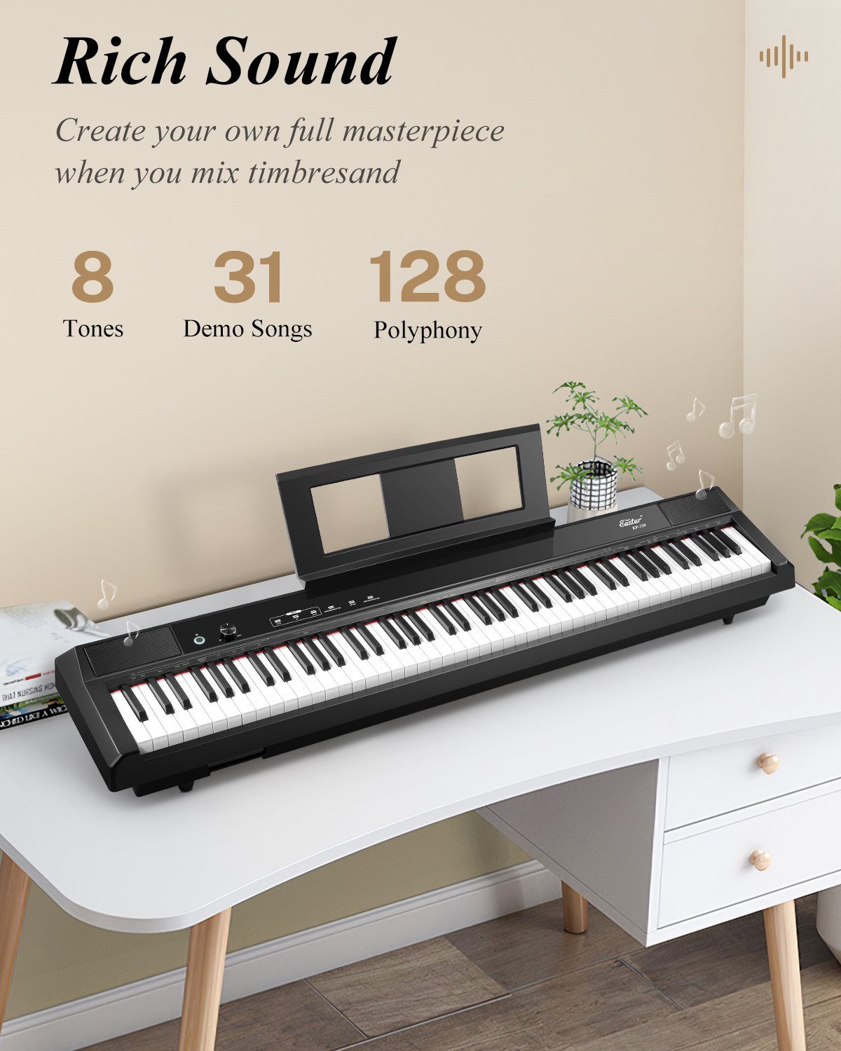 Eastar Keyboard E-Piano 88 Schlüssel in voller Größe Home Digital Piano EP-120, (Sustain-Pedal, Gebrauchsanweisung, Plastik), ideal fur Piano-Einsteiger,gewichtete Tasten,Ständer