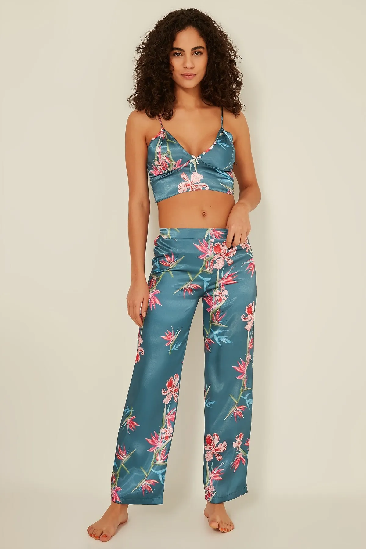 C&City  045 Gemustertes 3-teiliges Satin-Pyjama-Set für Damen, Türkis