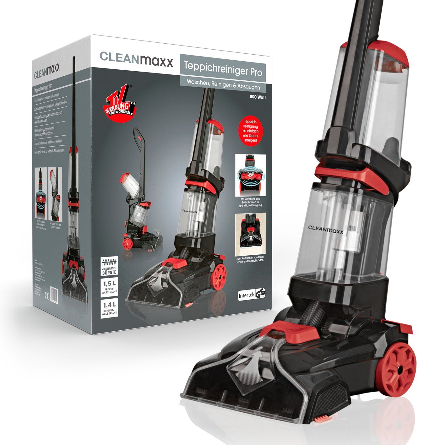 CLEANmaxx Teppichreinigungsgerät Professional mit Vibrations- und Seitenbürsten - schwarz/rot, Waschsauger, Teppichreiniger, Shampoonierer, Teppich