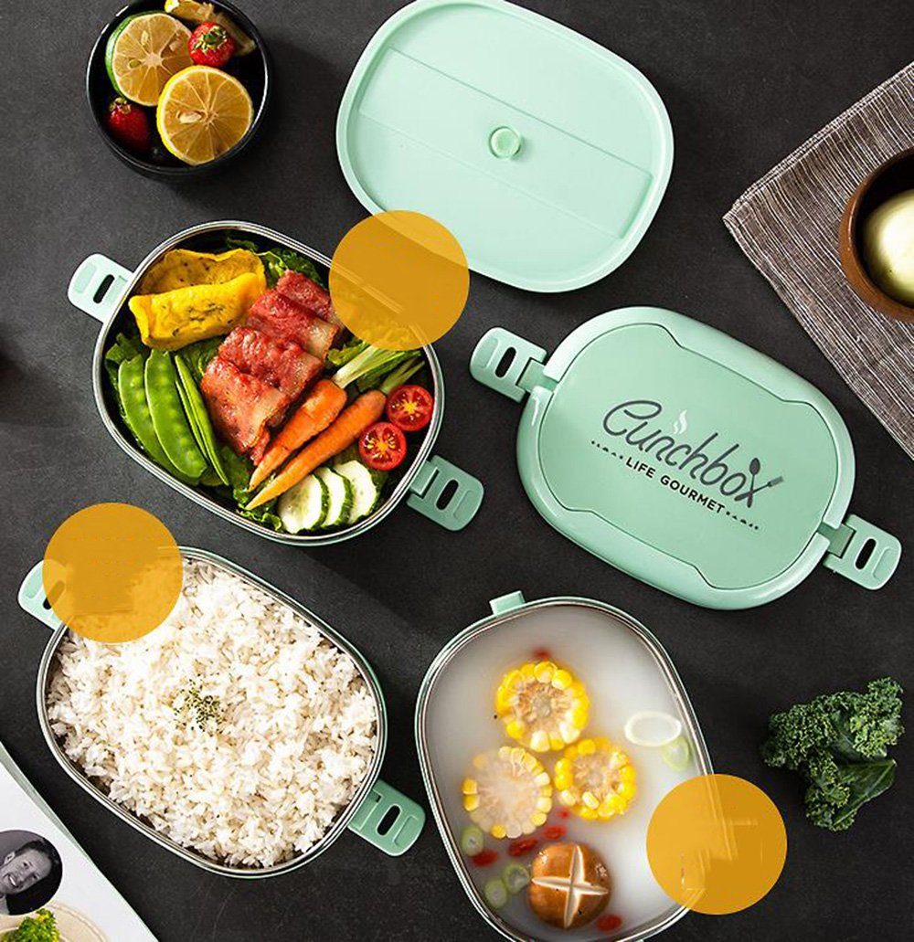 SCOKIT Lunchbox Brotdose aus Edelstahl, Luftdichte Bento-Box, Lebensmittelechter-Kunststoff, (Auslaufsicher,Beheizbar,Tragbare Thermo-Lunchbox mit Griff, 1-tlg., Mit Besteck und Isoliertasche,für Büro, Arbeitsessen, Schule), 2 Layers,Erhältlich in gr