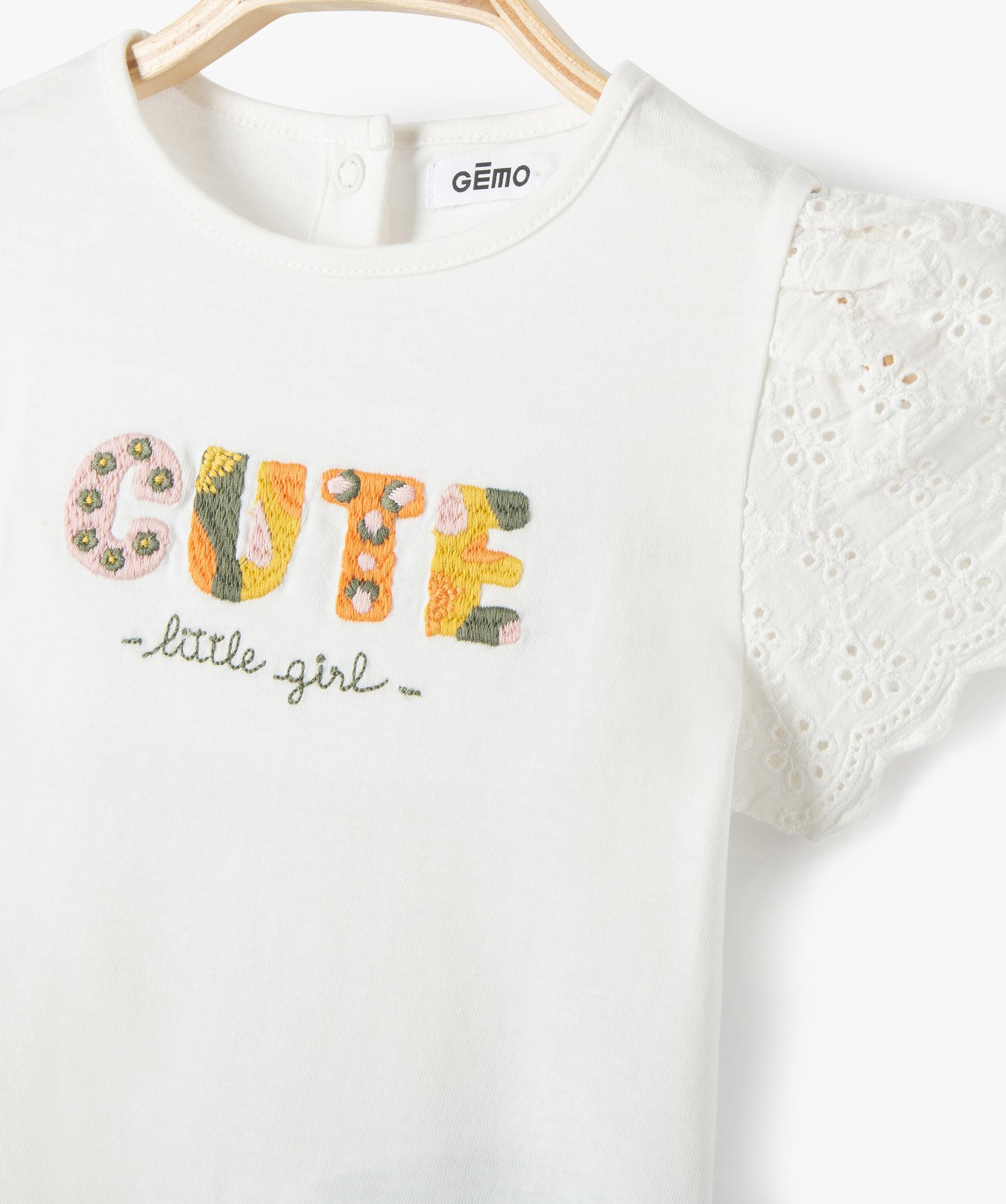 Tee-shirt bébé fille à manches en dentelle anglaise ecru | GEMO