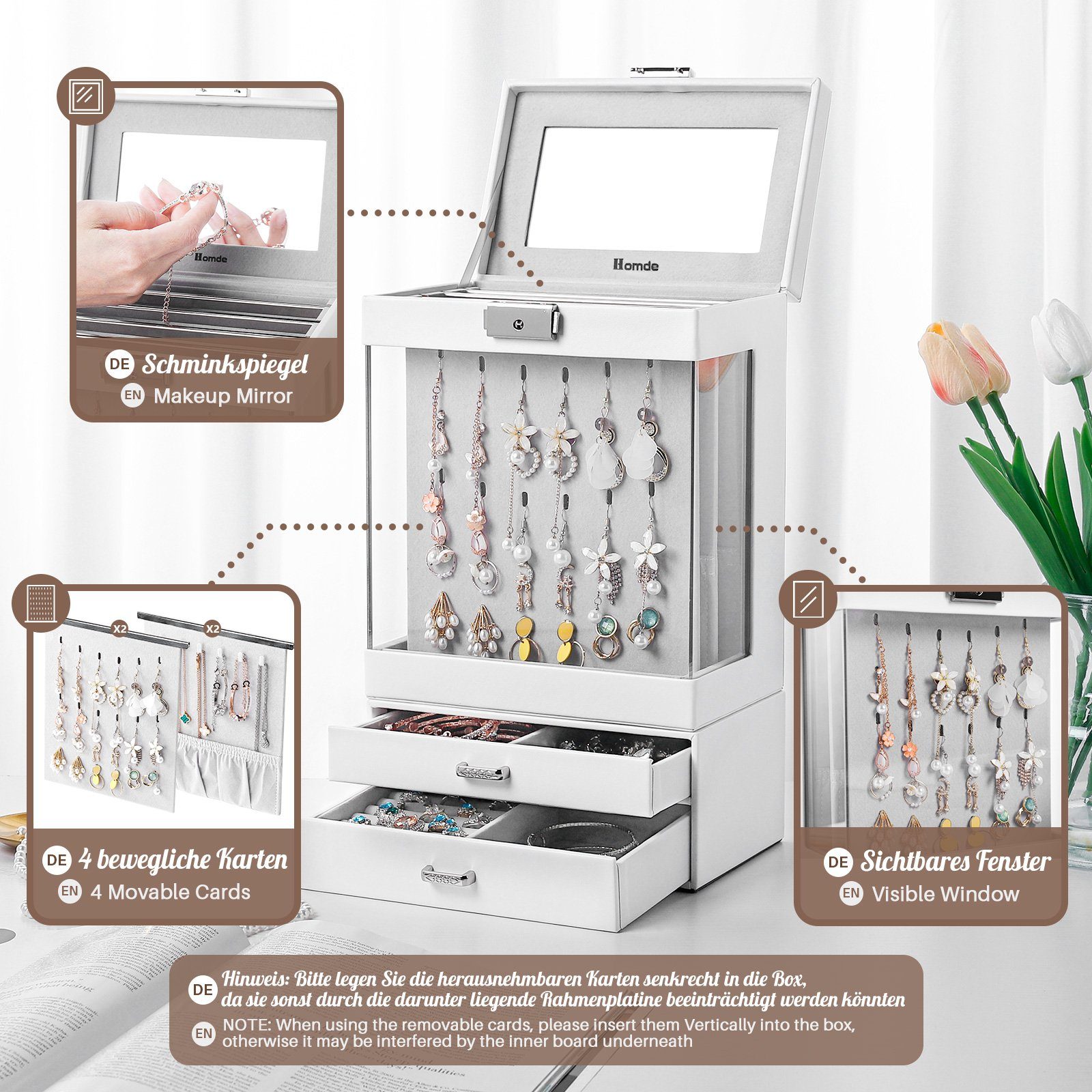 Yorbay Schmuckkasten Zweiteiliger Schmuckkoffer mit 4 Karten und 2 Schubladen, Weiß (Abschließbare Schmuckschatulle, Mit großem Sichtfenster, Mit Spiegel), Schmuckkästchen für Halsketten, Ringe, Armbänder, Ohrringe, Uhren