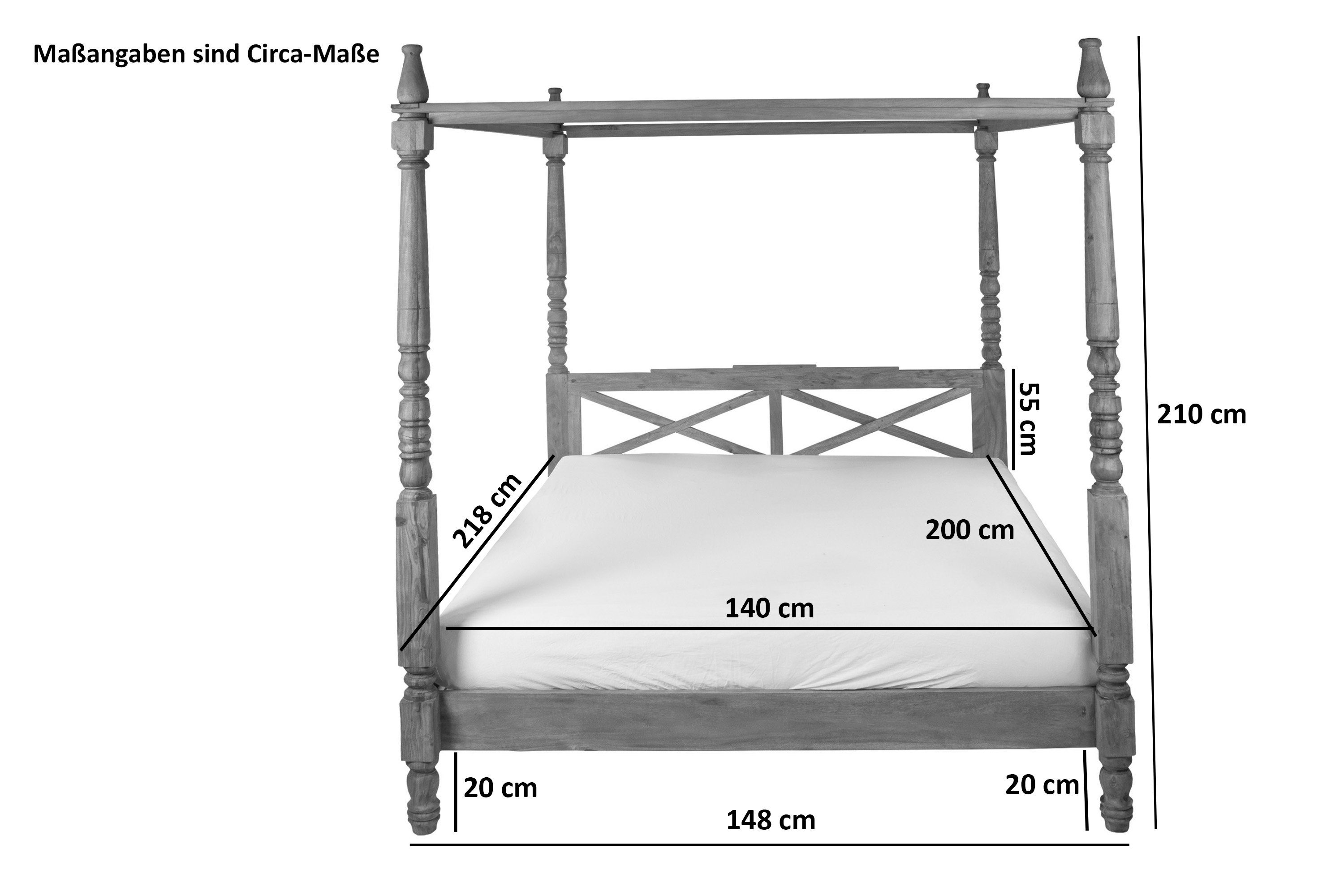 Junado® Himmelbett Holly, massives Akazienholz, in stone- oder nougatfarben erhältlich, verschiedene Größen wählbar, mit hellem Stoffvorhang