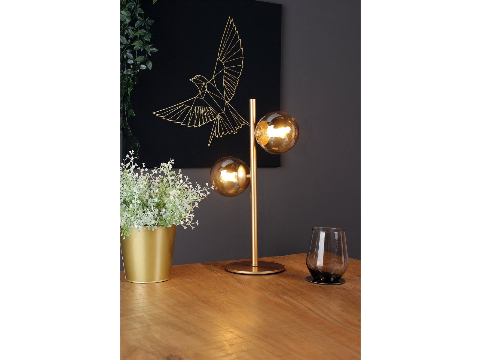 meineWunschleuchte LED Nachttischlampe, Dimmfunktion, LED wechselbar, Warmweiß, große ausgefallene Designer Bauhaus Lampe dimmbar, 2x Glas-kugel Gold