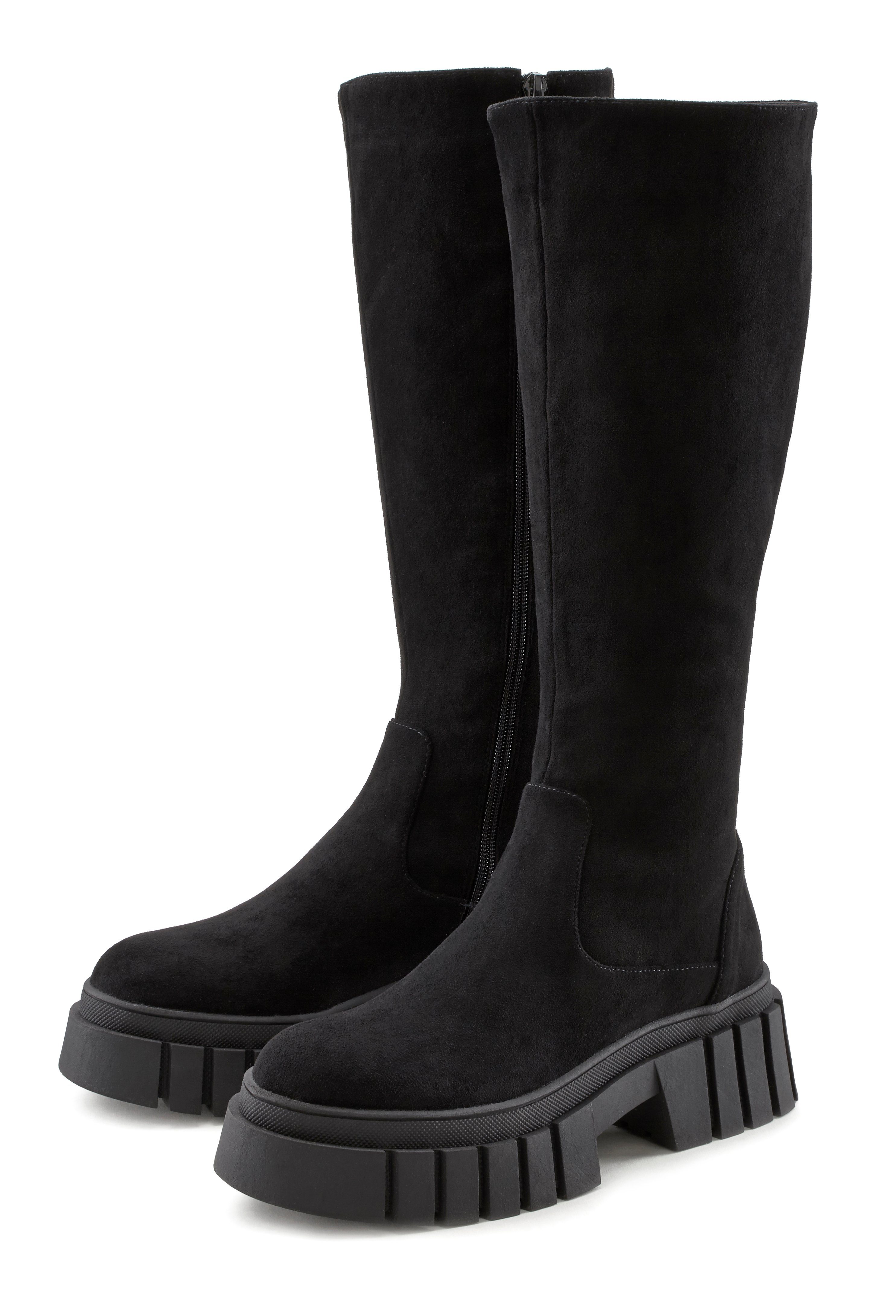 LASCANA Reißverschlussstiefel, Winterstiefel, Chunky-Sohle, langer Stiefel, Profilsohle