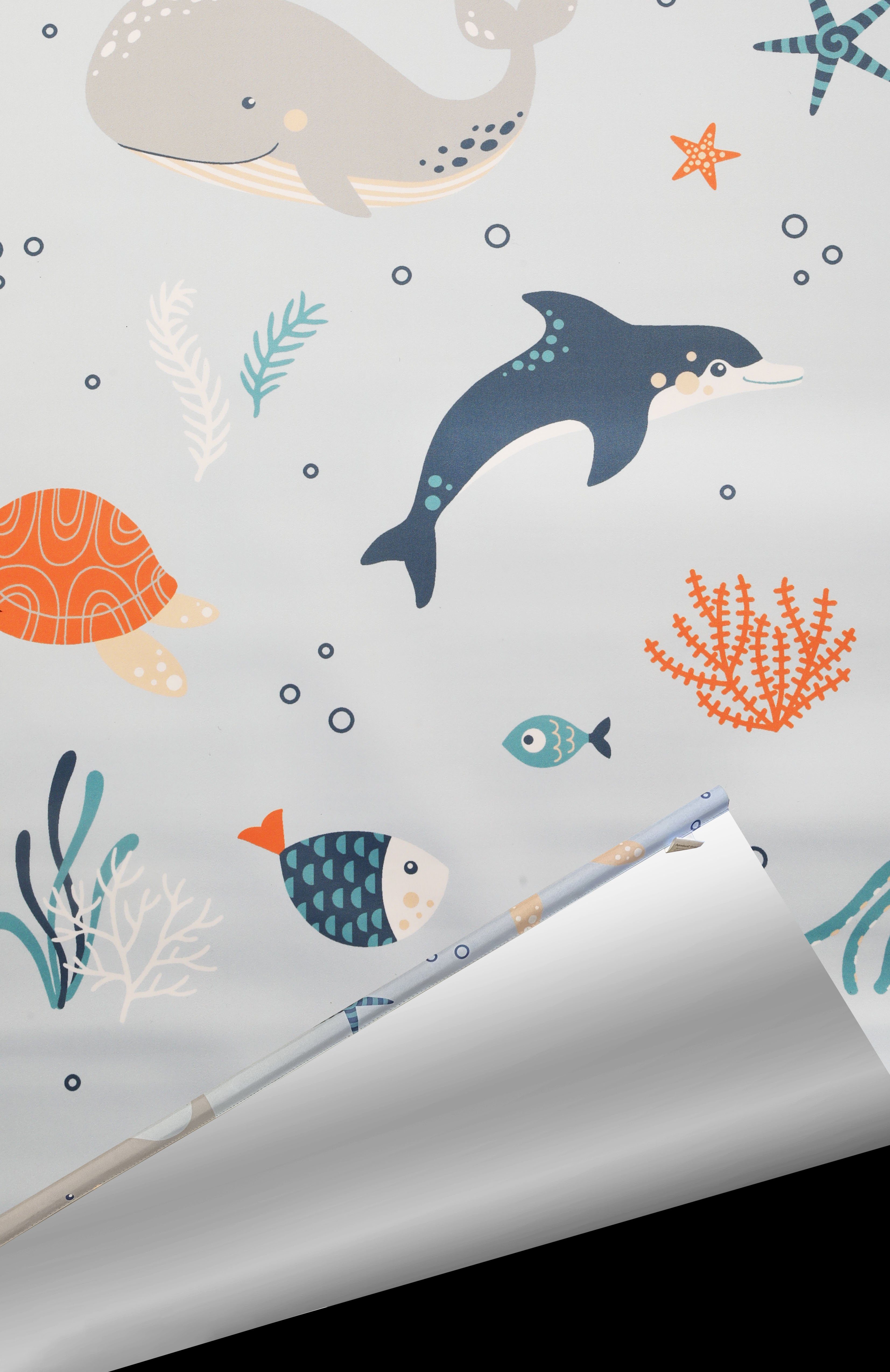 Rollo Ocean, Lüttenhütt, verdunkelnd, ohne Bohren, freihängend, Klemmfix, Fixmaß, Klemmfix, Meer, Tiere, Kinderrollo