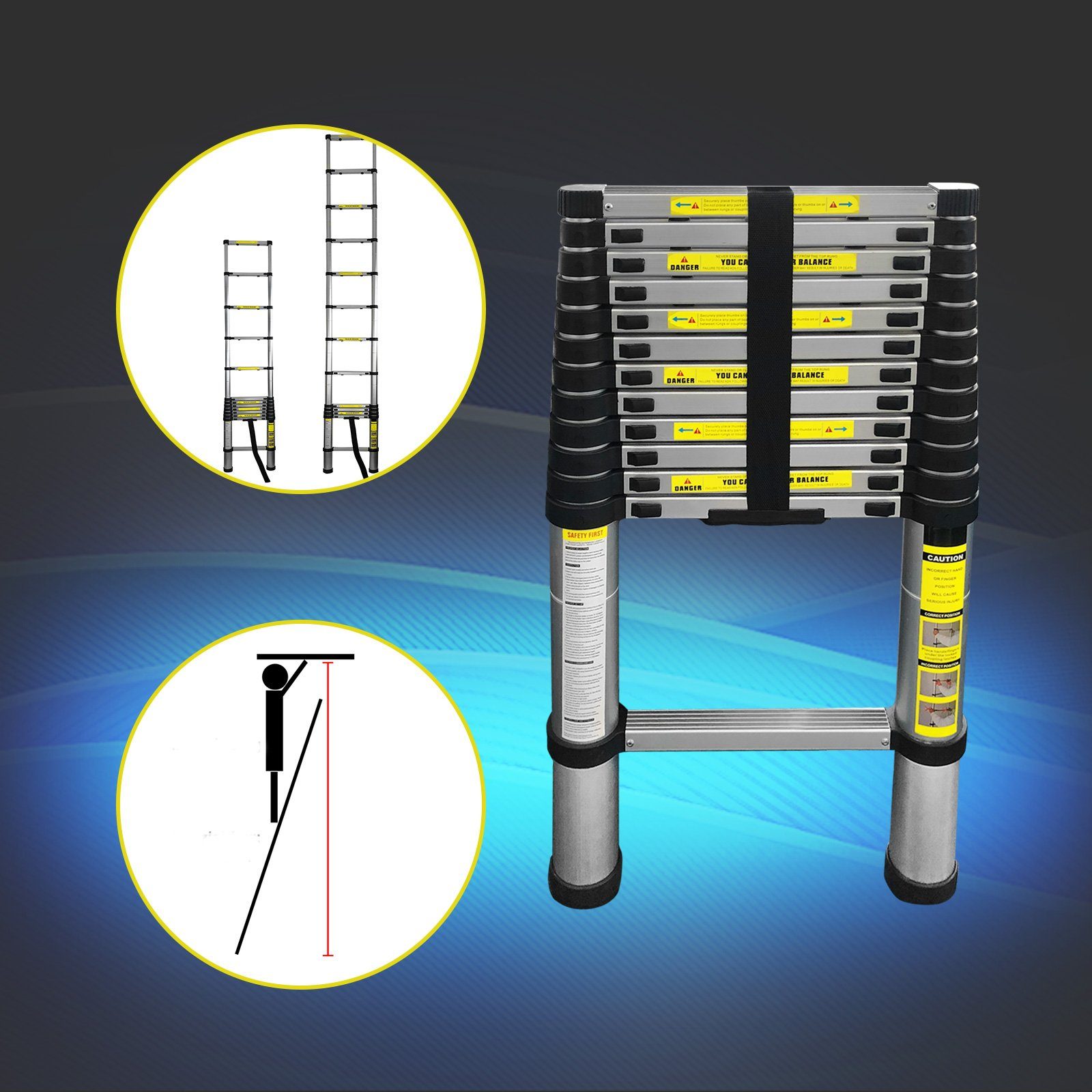 EAXUS Teleskopleiter Ausfahrbare Leiter Aluminium 3,8 Meter, rutschfeste Sprossen, zusammenklappbar auf 96 cm