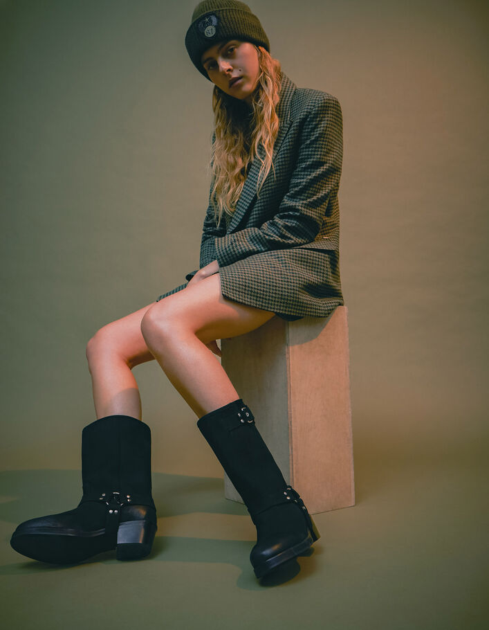 Boots noirs cuir velours esprit motard Femme