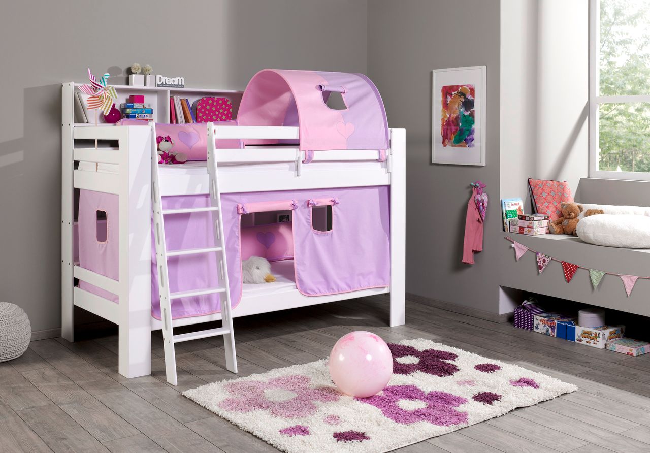 Relita Etagenbett Jan mit Bücherregal und Vorhang purple/rosa