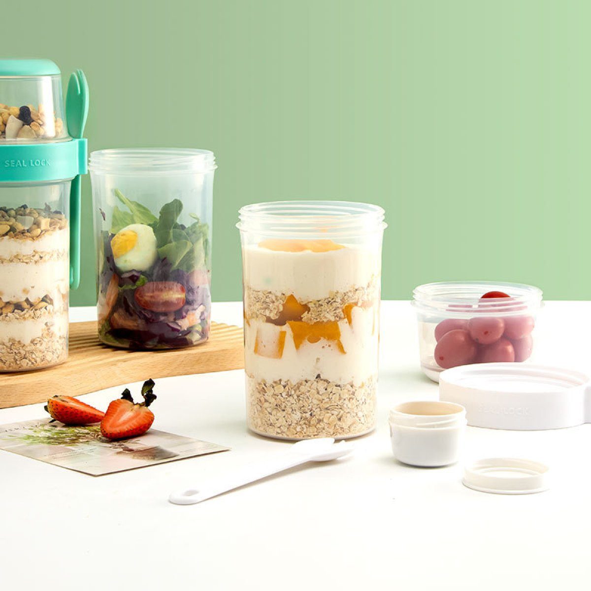 JedBesetzt Joghurtgläser Müslibecher to go,mit Dressingbehälter,310ml+760ml