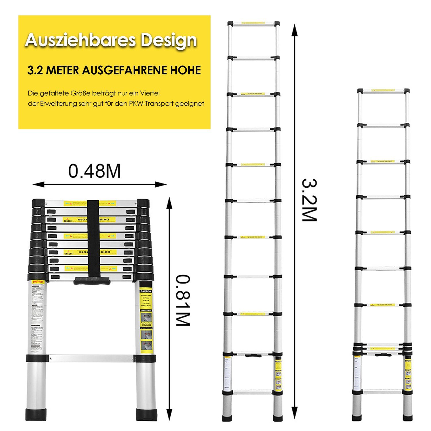 Lospitch Teleskopleiter Teleskopleiter Stehleiter Alu 3,2m Ausziehleiter Anlegeleiter bis150kg