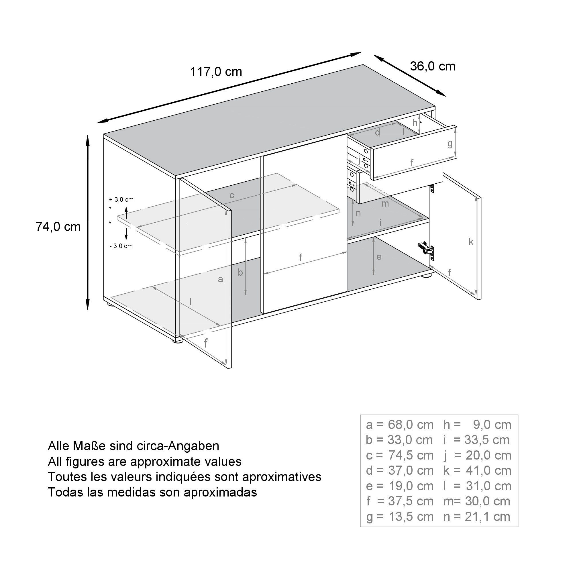 Vladon Kommode Ben (Kommode, mit 3 Türen und 2 Schubladen), Schwarz matt/Weiß matt (117 x 74 x 36 cm)