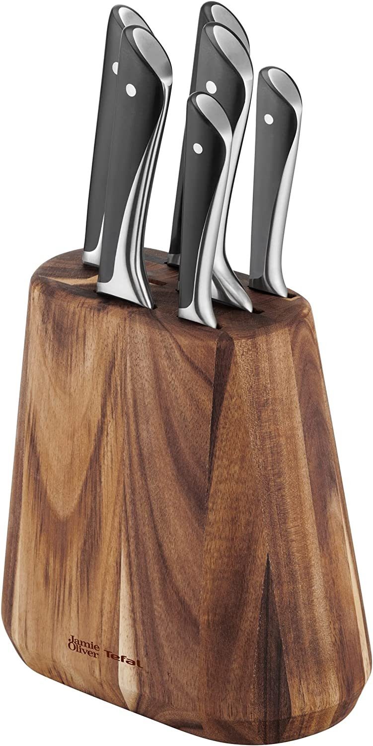 Tefal Messerblock Jamie Oliver K267 Küchenmesser + Holz hohe Schneideleistung Kochmesser (7tlg), Fleischmesser Brotmesser Santokumesser Universalmesser Schälmesser