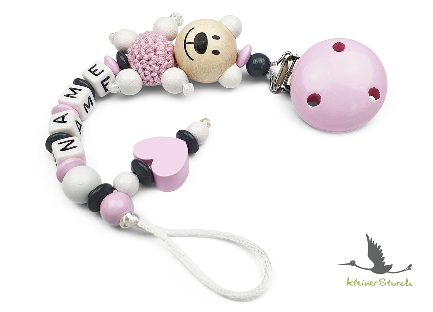kleinerStorch Schnullerbefestigung Baby Schnullerkette personalisiert mit Namen, Mädchen Nuckelkette für Schnuller - Bär & Herz in rosa
