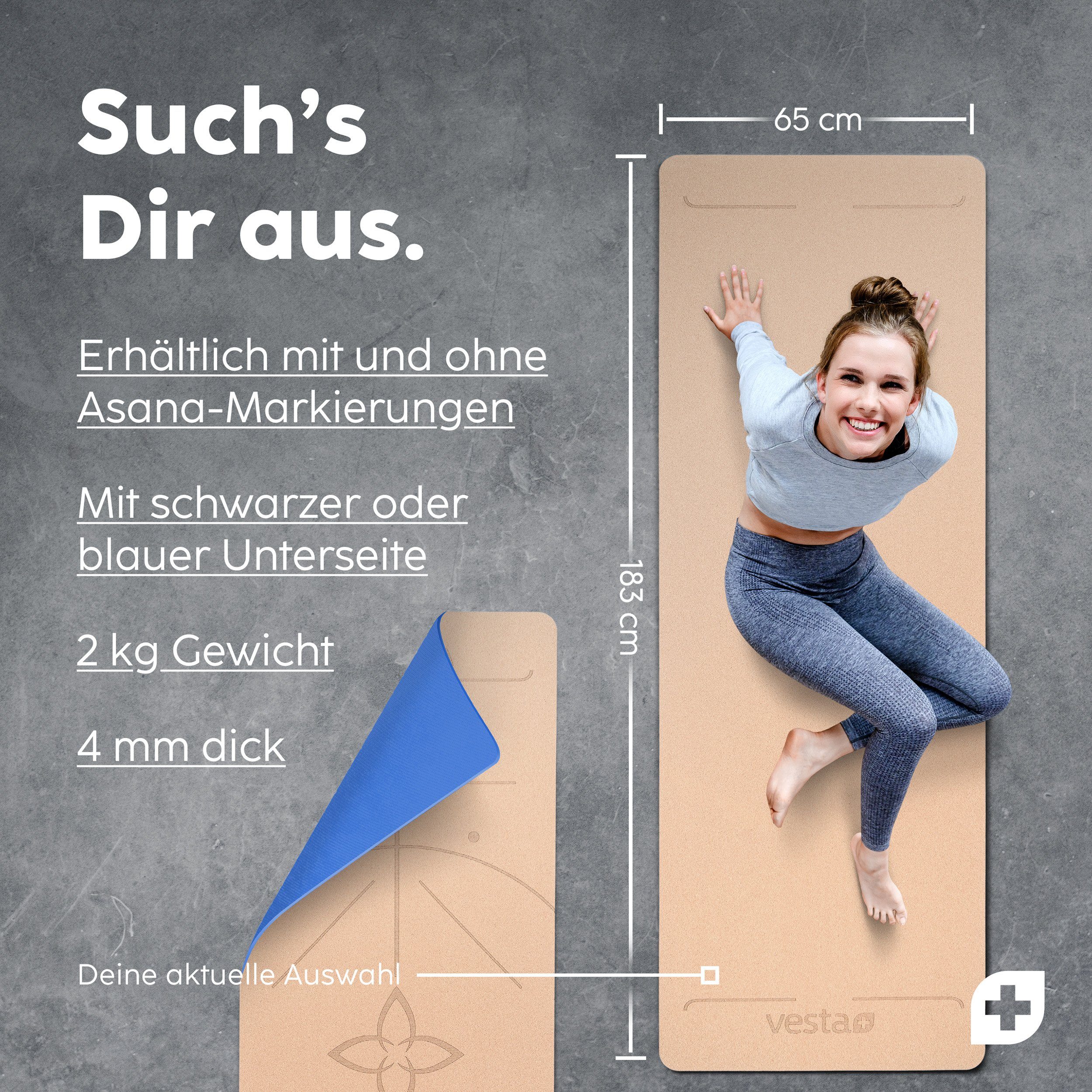 Vesta+ Yogamatte Vesta+ Yogamatte Kork Naturkautschuk + Fitness App. (1x Yogamatte Kork Naturkautschuk, 1x Fitness App Zugang), Bester Halt dank rutschfestem Kork und Naturkautschuk.