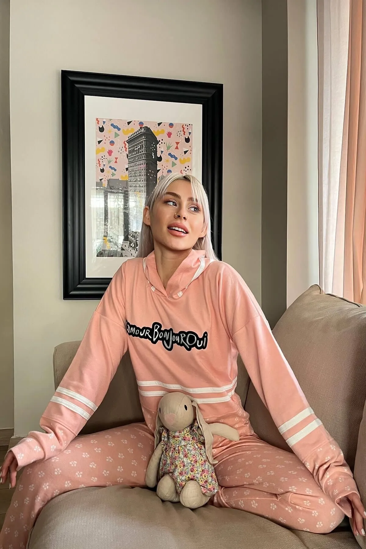 Pijamaevi  Salmon Bonjour Street gemustertes, weiches Strick-Pyjama-Set