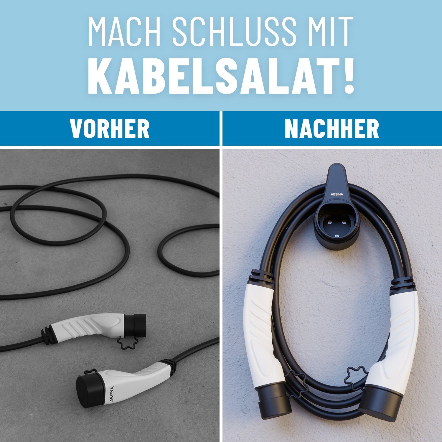 ABSINA Ladekabelhalter & Steckerhalter Typ 2 - Typ 2 Wandhalterung Elektroauto-Ladestation-Halterung
