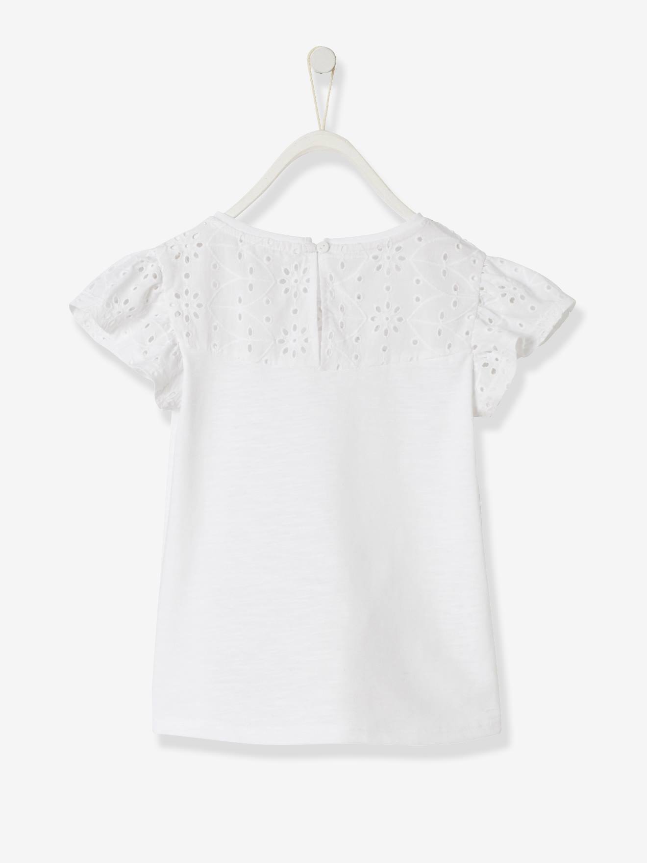 Vertbaudet Mädchen T-Shirt mit Volantärmeln und Lochstickerei Oeko-Tex - dunkelrosa