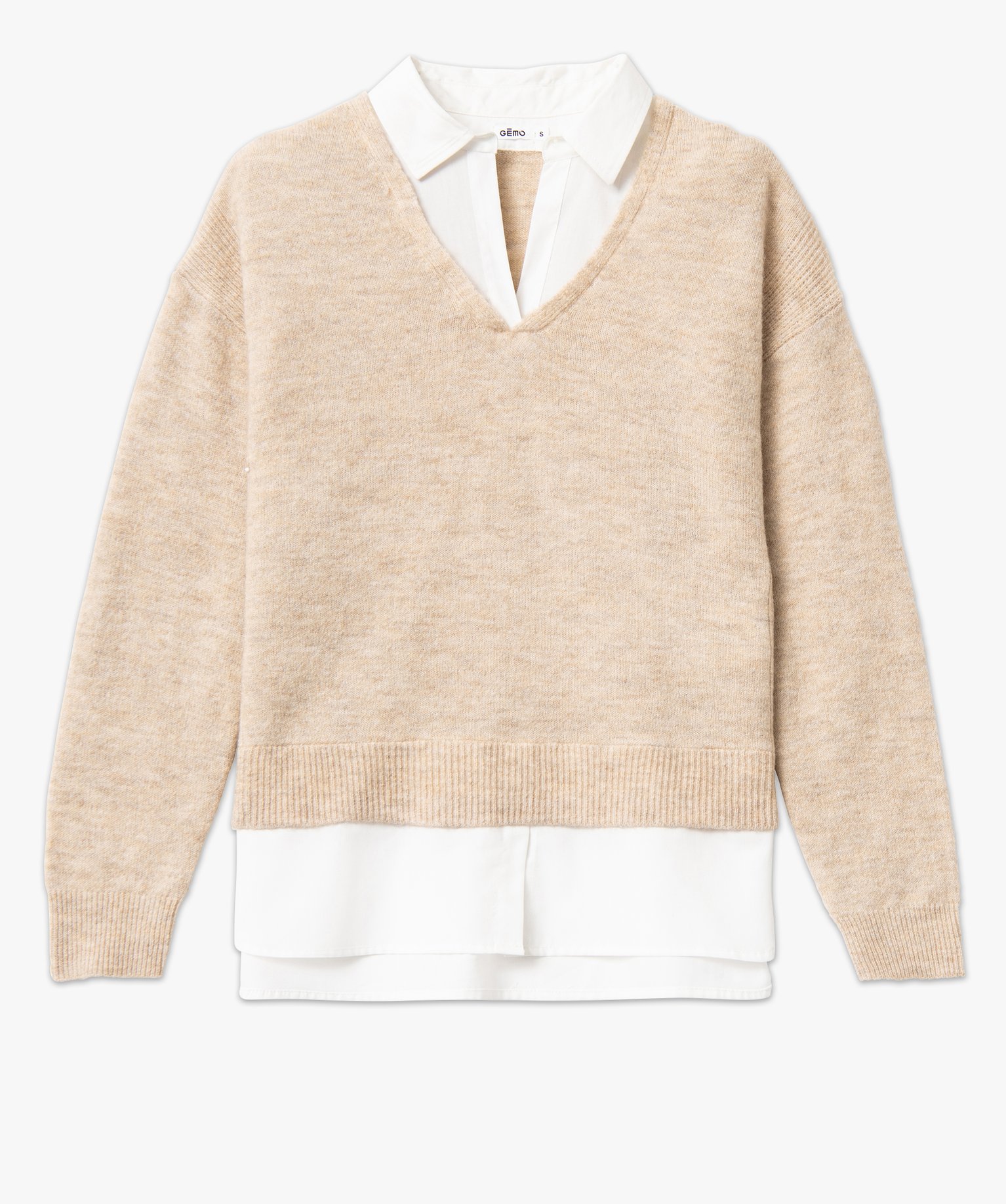 Pull 2 en 1 avec chemise femme beige | GEMO
