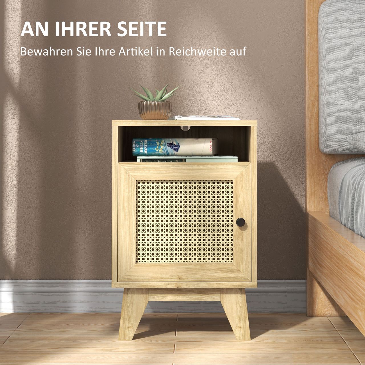 HOMCOM Nachtschrank Nachttisch mit Schrank Beistelltisch mit Ablagefach Natur