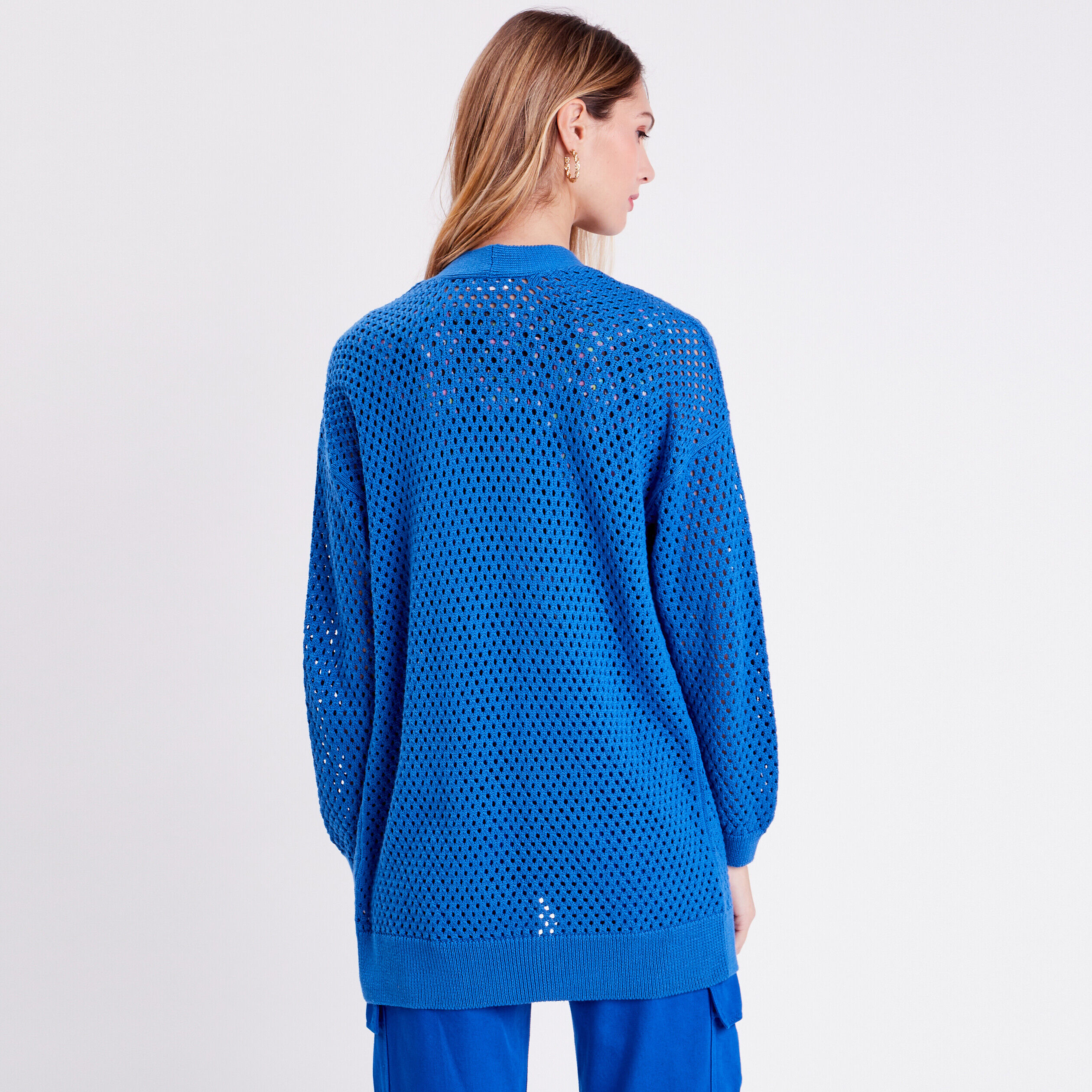 Gilet long ajouré bleu electrique femme | Cache Cache