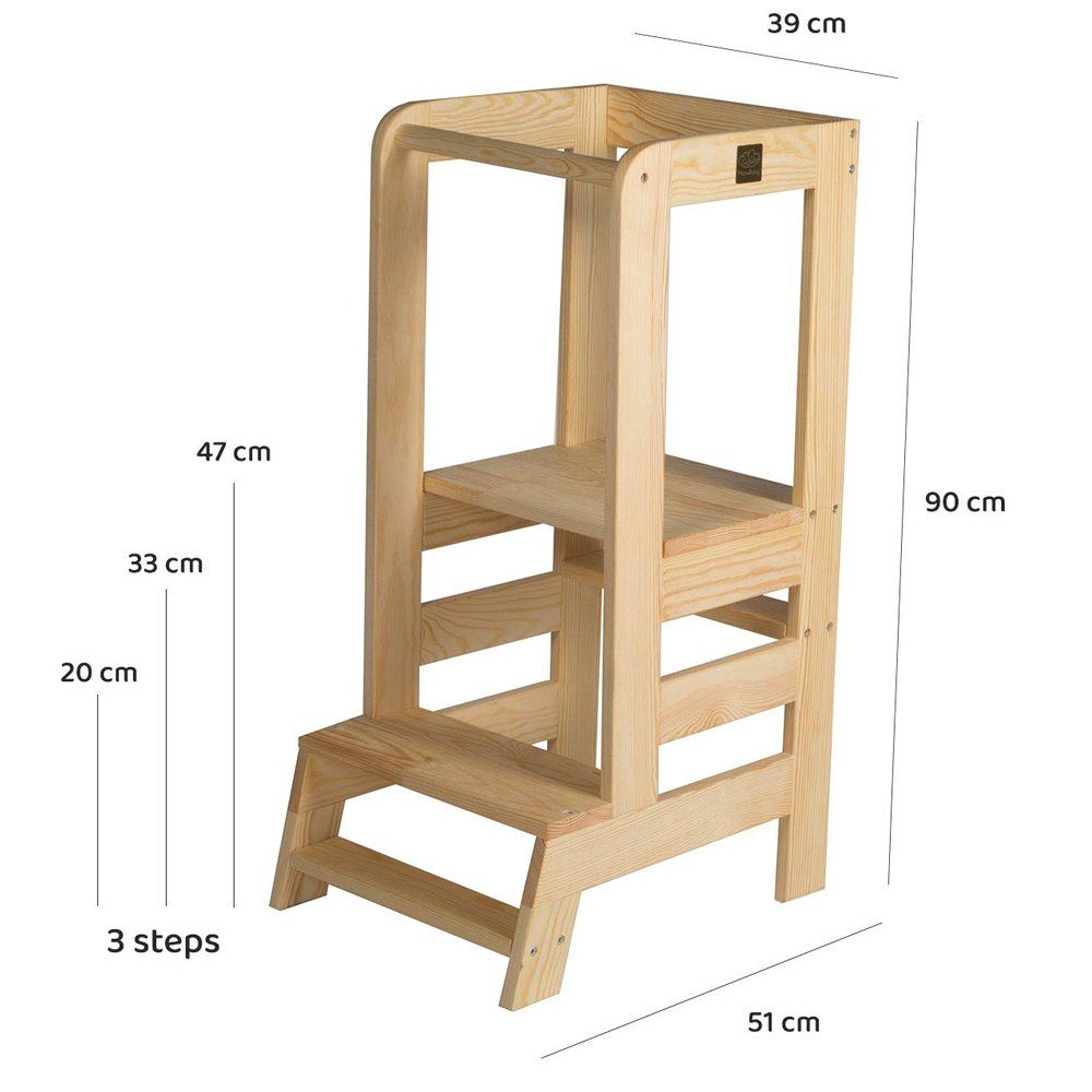 MeowBaby Stehhilfe Lernturm für Kinder Montessori Lernstuhl Natur (1 St), Kinderhocker, Höhenverstellbar, Abgerundete Ecken & Kanten