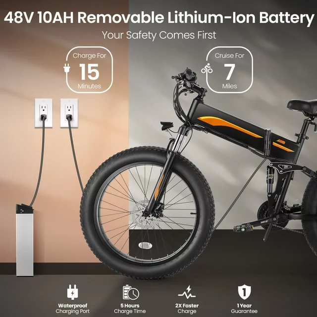Funcid Electric Bike, 26x4 Fat Tire Electric Bike for Adults 500W Ebike Foldable Adult Electric Mountain Bicycles with 48V 10Ah Battery