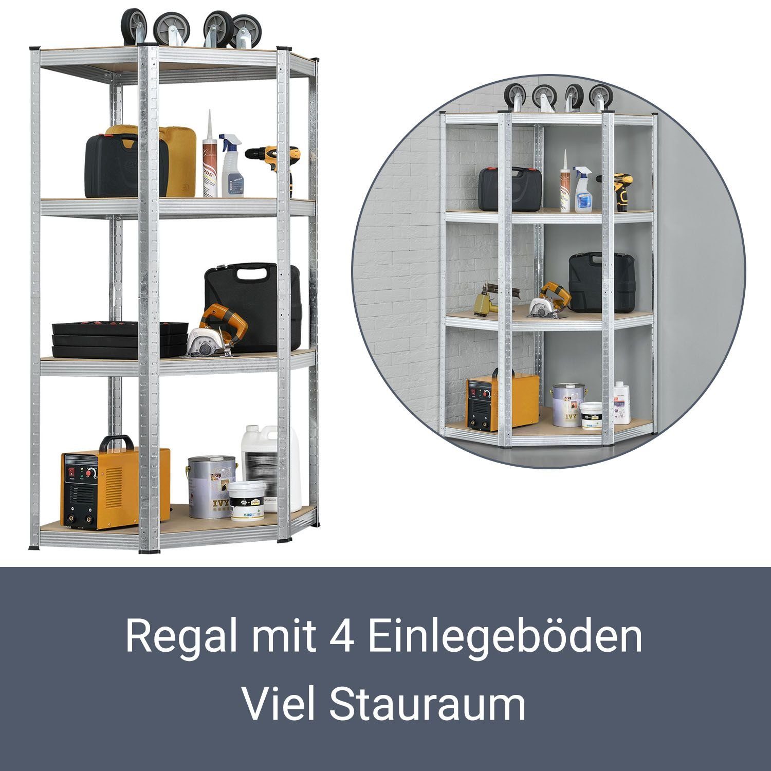 Juskys Eckregal Corner Easy, 1-tlg., Schwerlastregal aus verzinktem Metall mit 4 Einlegeböden
