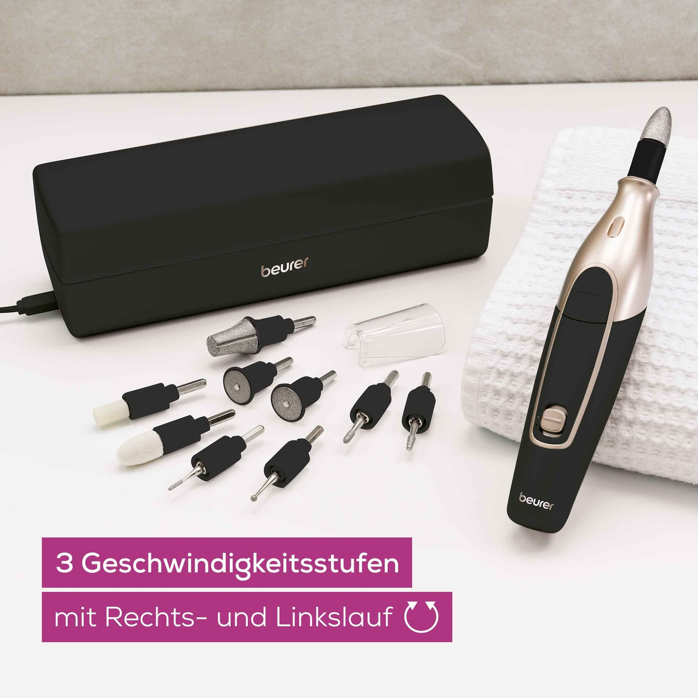 Beurer Wiederaufladbares Maniküre- & Pediküreset MP 84-Kabelloser Nagelfräser für Maniküre & Pediküre mit 10 Saphir- & Filzaufsätzen