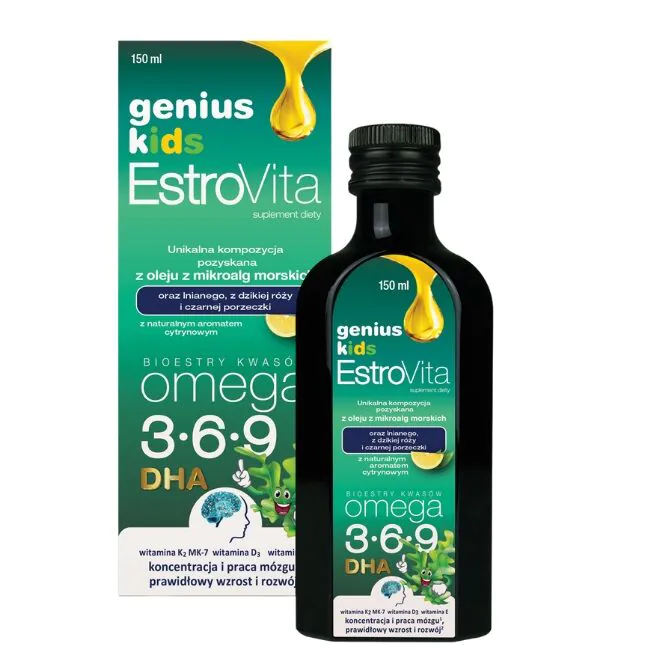 EstroVita Genius Kids, bioestere af omega 3-6-9-syrer, citronsmagsvæske