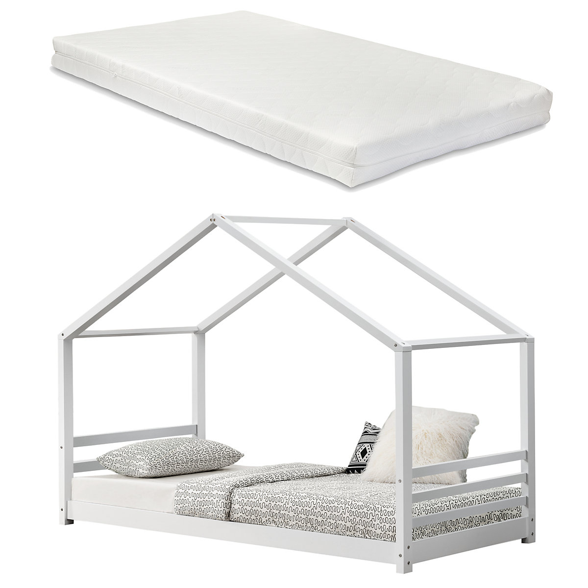Kinderbett mit Kaltschaummatratze 90x200cm Jugendbett Hausbett Kiefernholz weiß