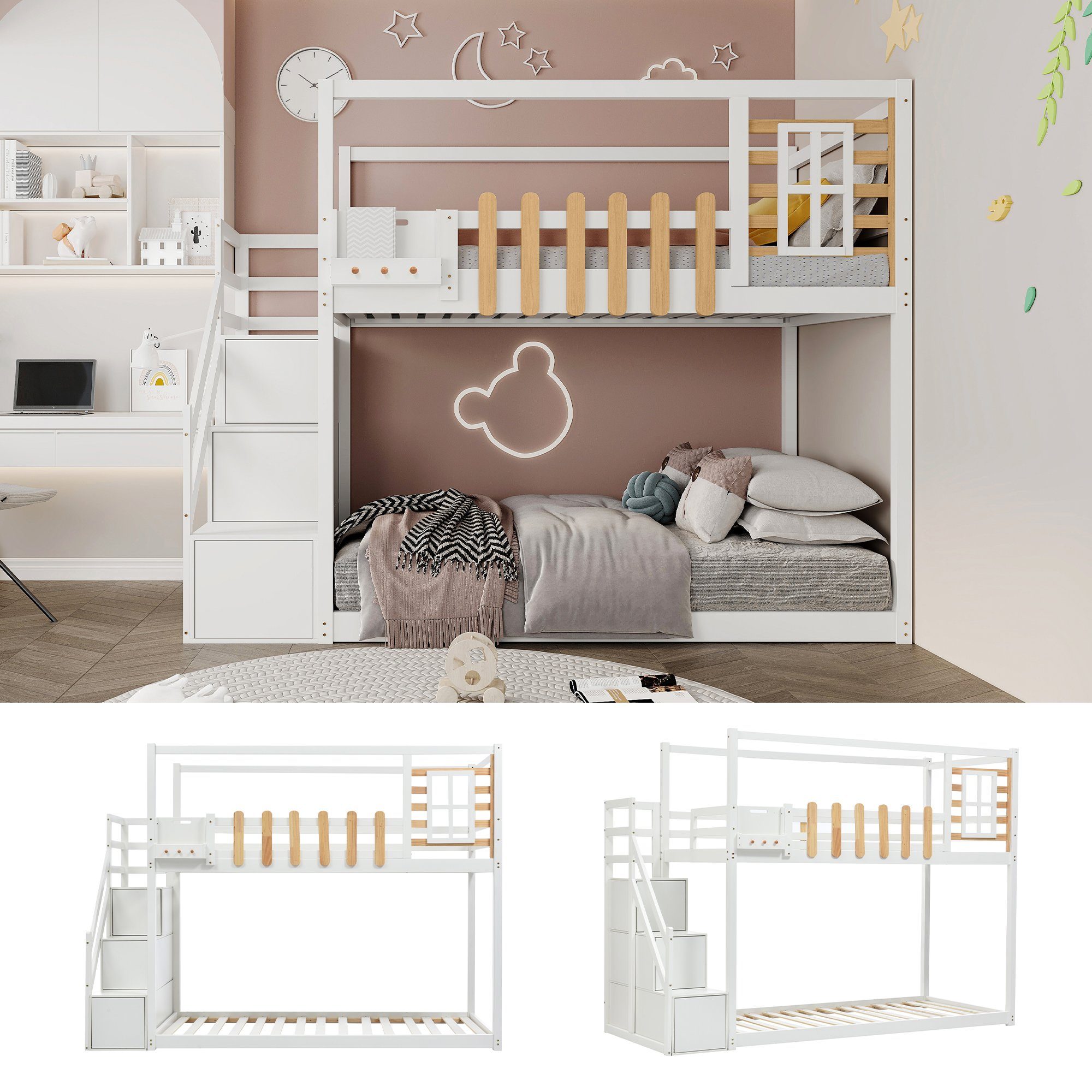 OKWISH Etagenbett Etagenbett mit Treppe, Kinderbett, Gästebett, Bett (mit Treppe, Fenster und Regalkasten, 3 Schließfächer in der Treppe, mit Fallschutzgitter), Rahmen aus massivem Kiefernholz, Ohne Matratze