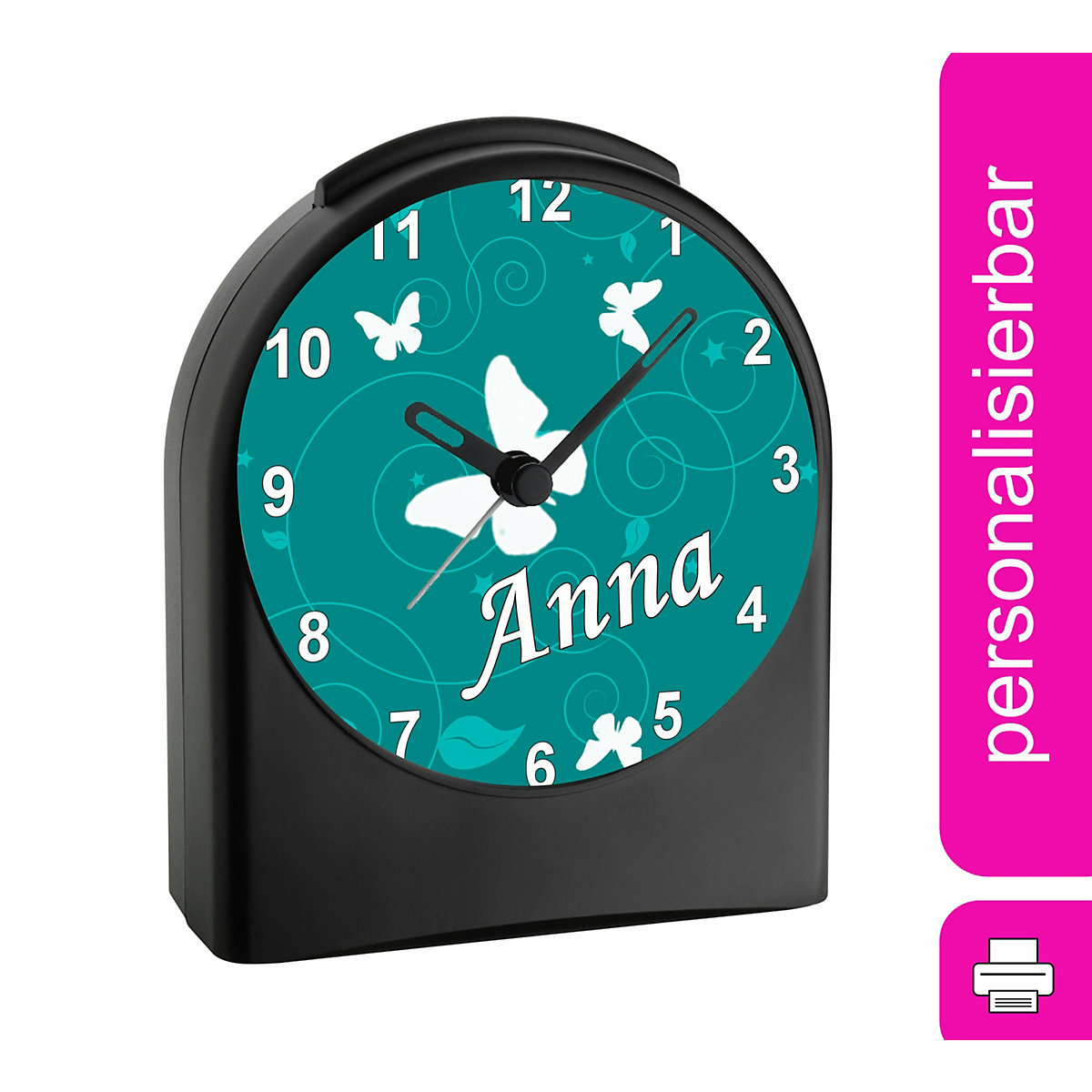 Kinder Funkwecker personalisiert mit Namen Schmetterling Ornamente Atom-/Funkuhr, 12-Stunden-Anzeigeformat, Schlummerfunktion, Nachtlicht, Geräuschlos/Ohne Ticken