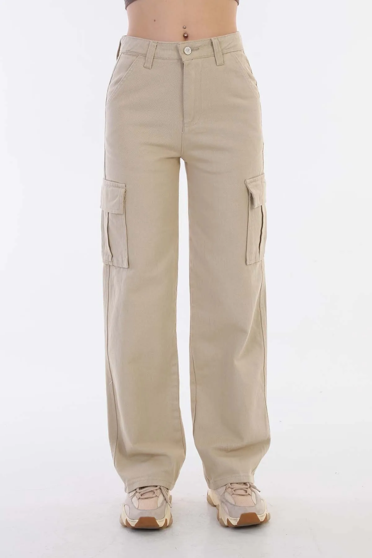 BİKELİFE  Beigefarbene Cargohose mit hoher Taille und weitem Bein für Damen
