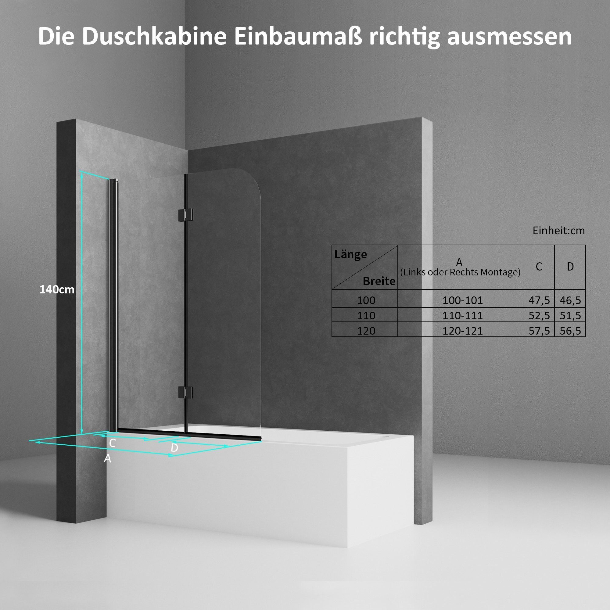 Boromal Badewannenfaltwand Badewannenfaltwand Duschwand 2-teilig Faltbar 6mm ESG NANO 140H, Einscheibensicherheitsglas mit NANO, Rechts-und Links montierbar
