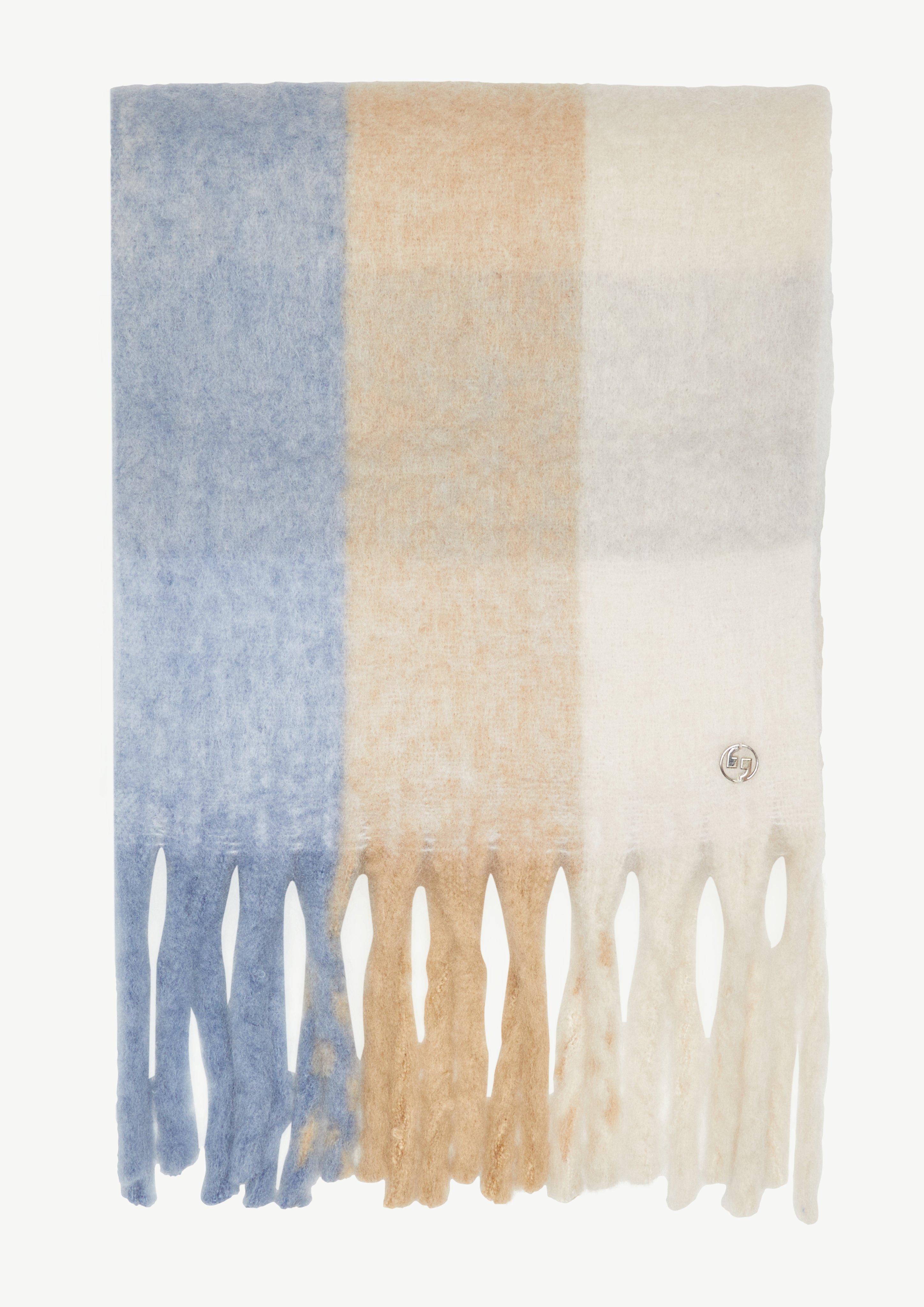 Karierter Strickschal mit Fransen - himmelblau