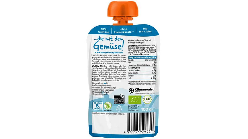 pumpkin organics Bio Quetschie Süßkartoffel, Reis, Birne und Blaubeere 100 g
