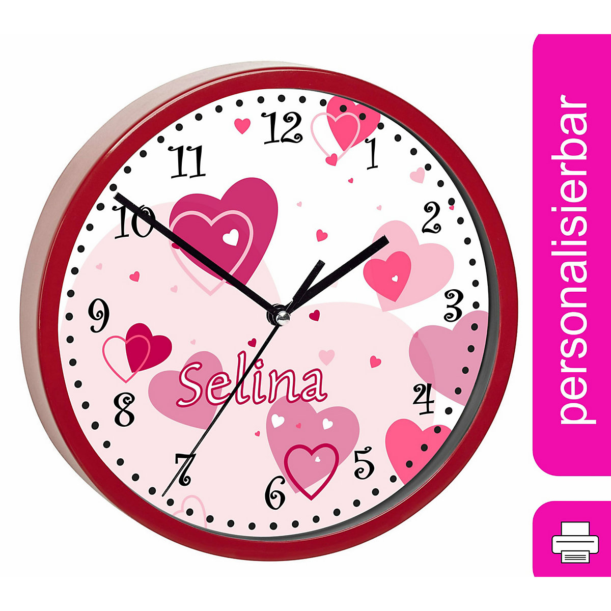 Kinder Wanduhr personalisiert mit Name Herz Rosa