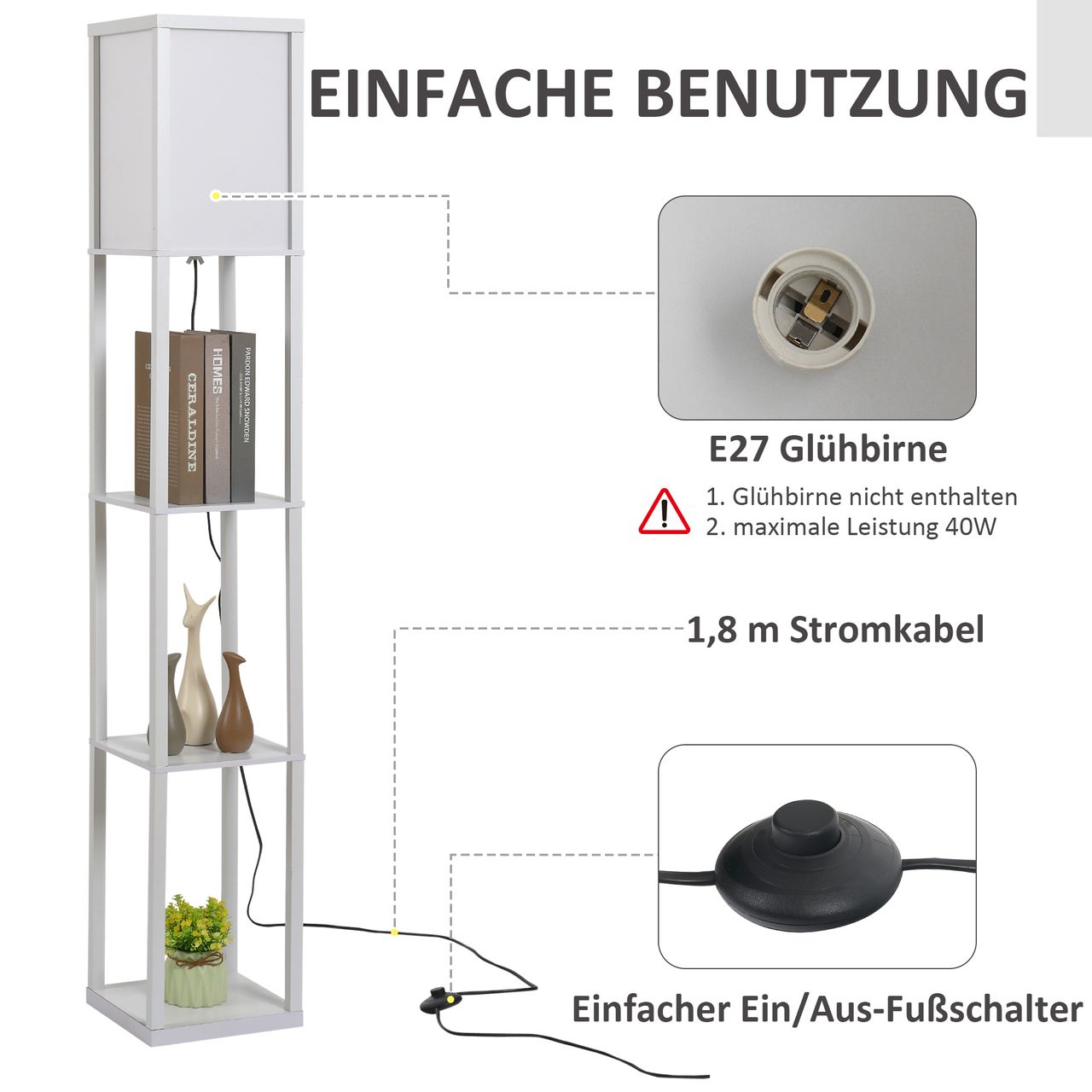 HOMCOM Stehleuchte Stehlampe mit 3 Regalen Innenbeleuchtung E27 bis 40W für Wohn-/Schlafzimmer E1-MDF, Acryl Weiß 26 x 26 x 160 cm