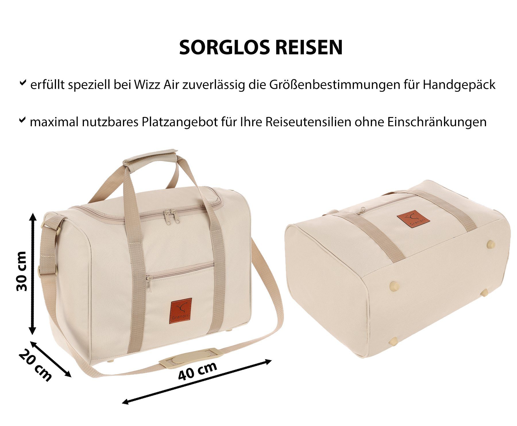 Granori Reisetasche 40x30x20 cm Handgepäck für Flüge mit z. B. Wizz Air (Modell WT2), extra leicht, mit abschließbarem Fach und verstellbarem Schultergurt