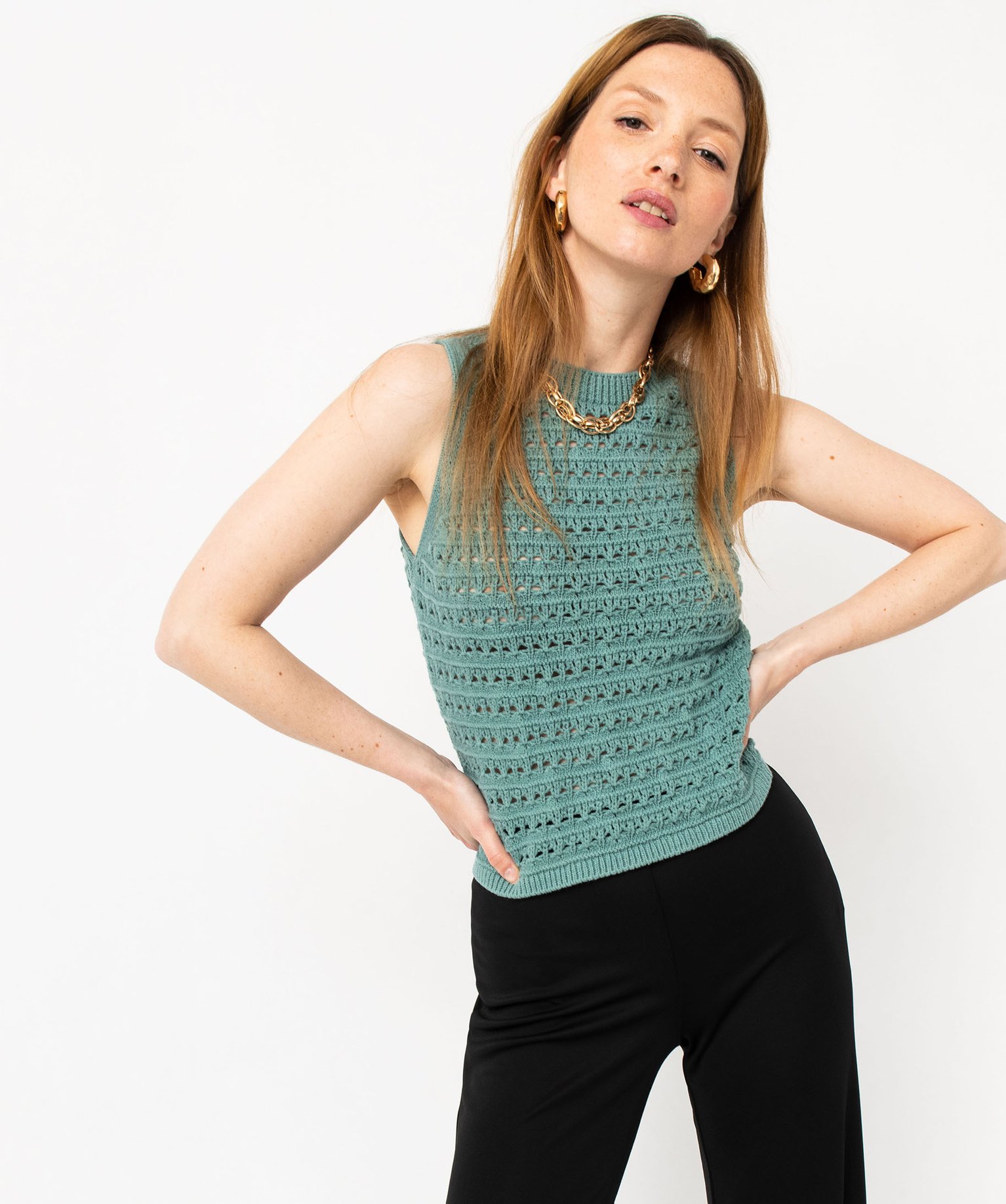 Débardeur en maille ajourée faon macramé femme bleu | GEMO
