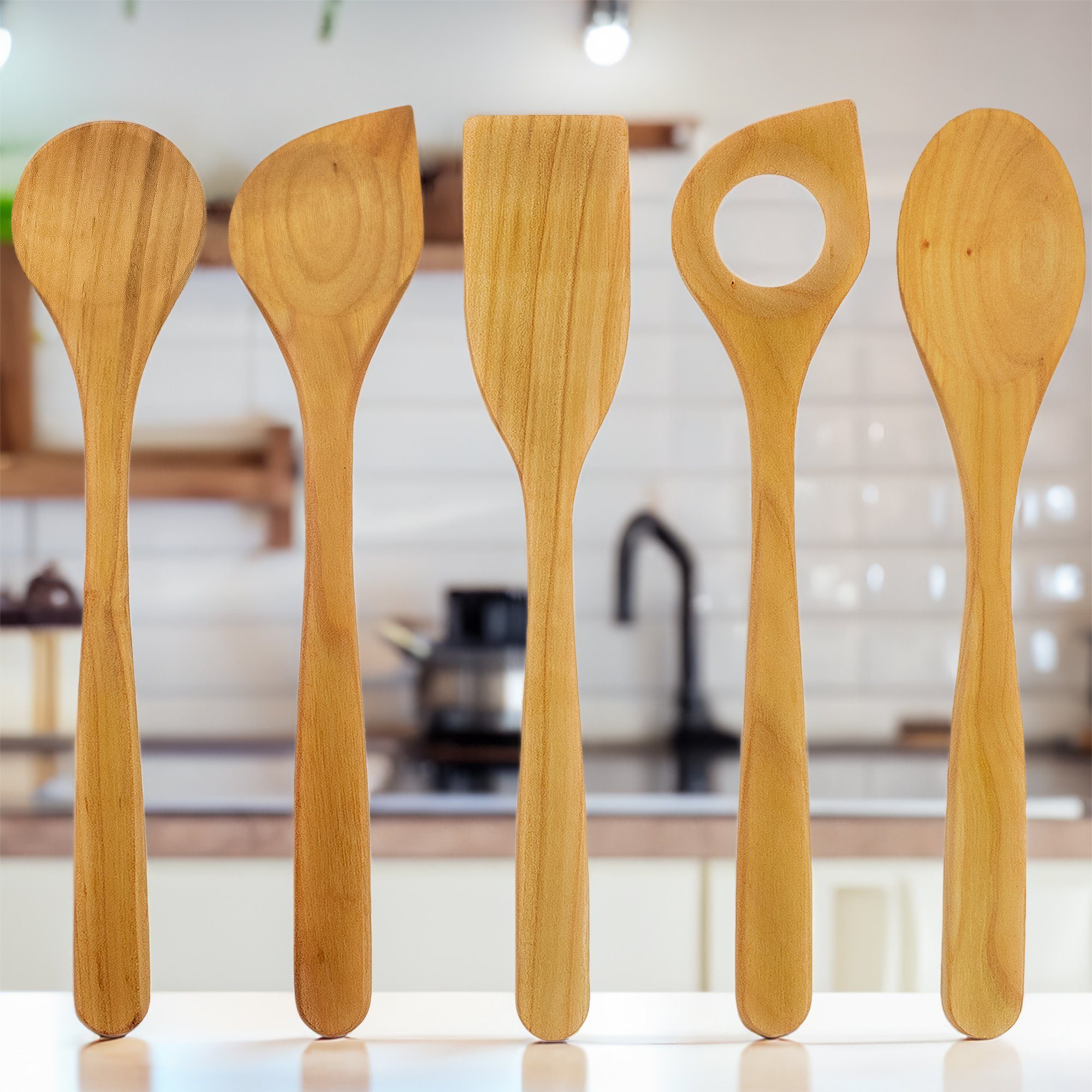 SOHFA Kochlöffel Kirschholzlöffel 5er Set aus hochwertigem europäischen Holz - 30cm, Kirschholz