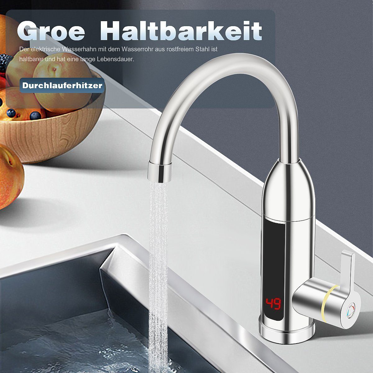 OULENBIYAR Klein-Durchlauferhitzer 3000w Elektrischer Wasserhahn Durchlauferhitzer, LED Temperaturanzeige, 360° drehbarer Küchenhahn, liefert heißes Wasser von 30-60 ℃, IPX4