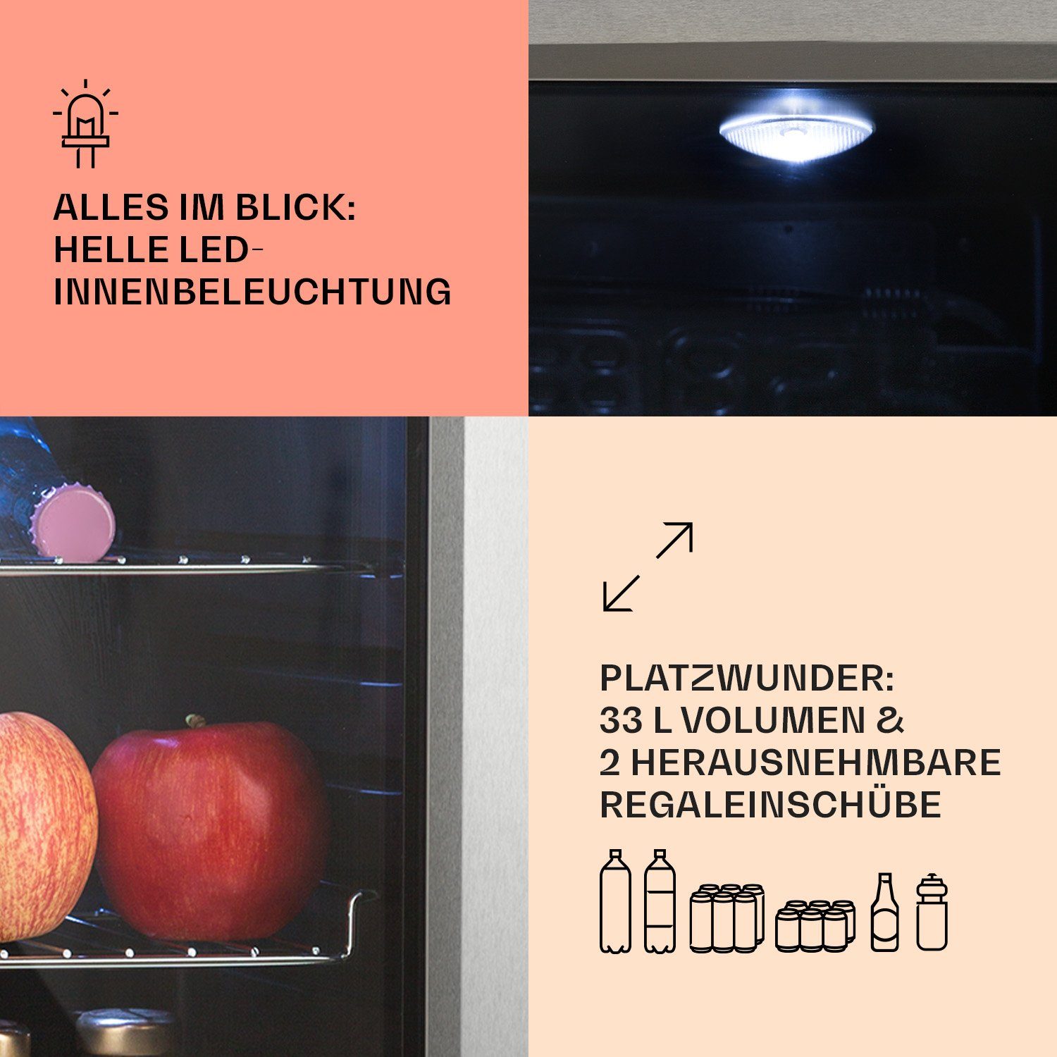Klarstein Getränkekühlschrank HEA-Beersafe-M 10033119A, 54 cm hoch, 40.5 cm breit, Mini Kühlschrank Bierkühlschrank klein Getränkekühlschrank mit Glastür