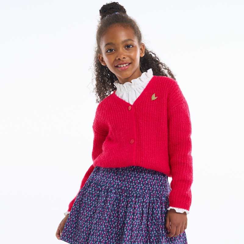 Gilet côtelé col V + broche rose fille