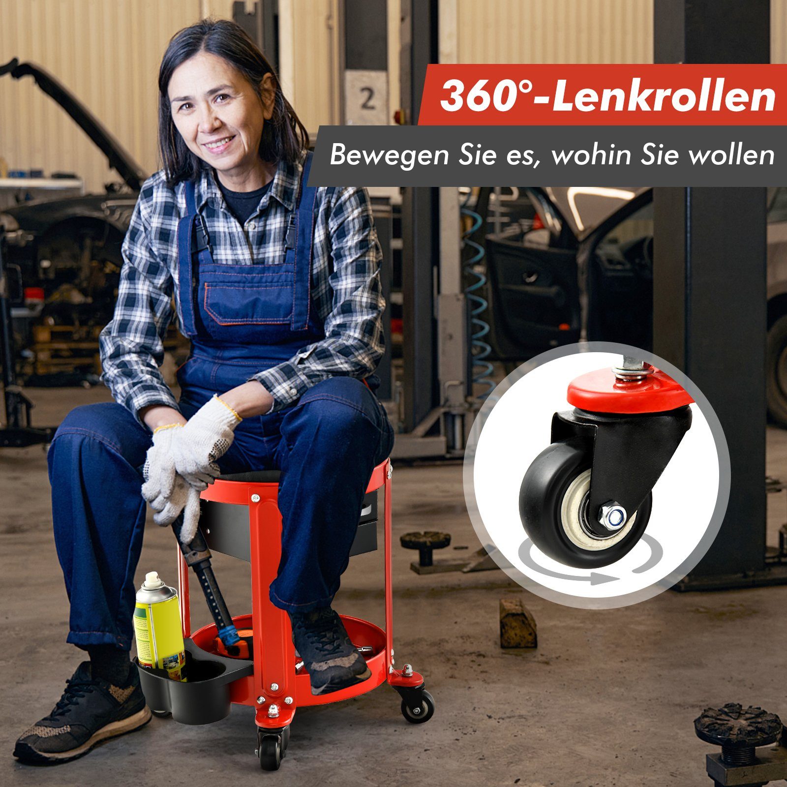 COSTWAY Werkstattwagen Werkstatthocker, mit 2 Schubladen, Ablage & Rollen