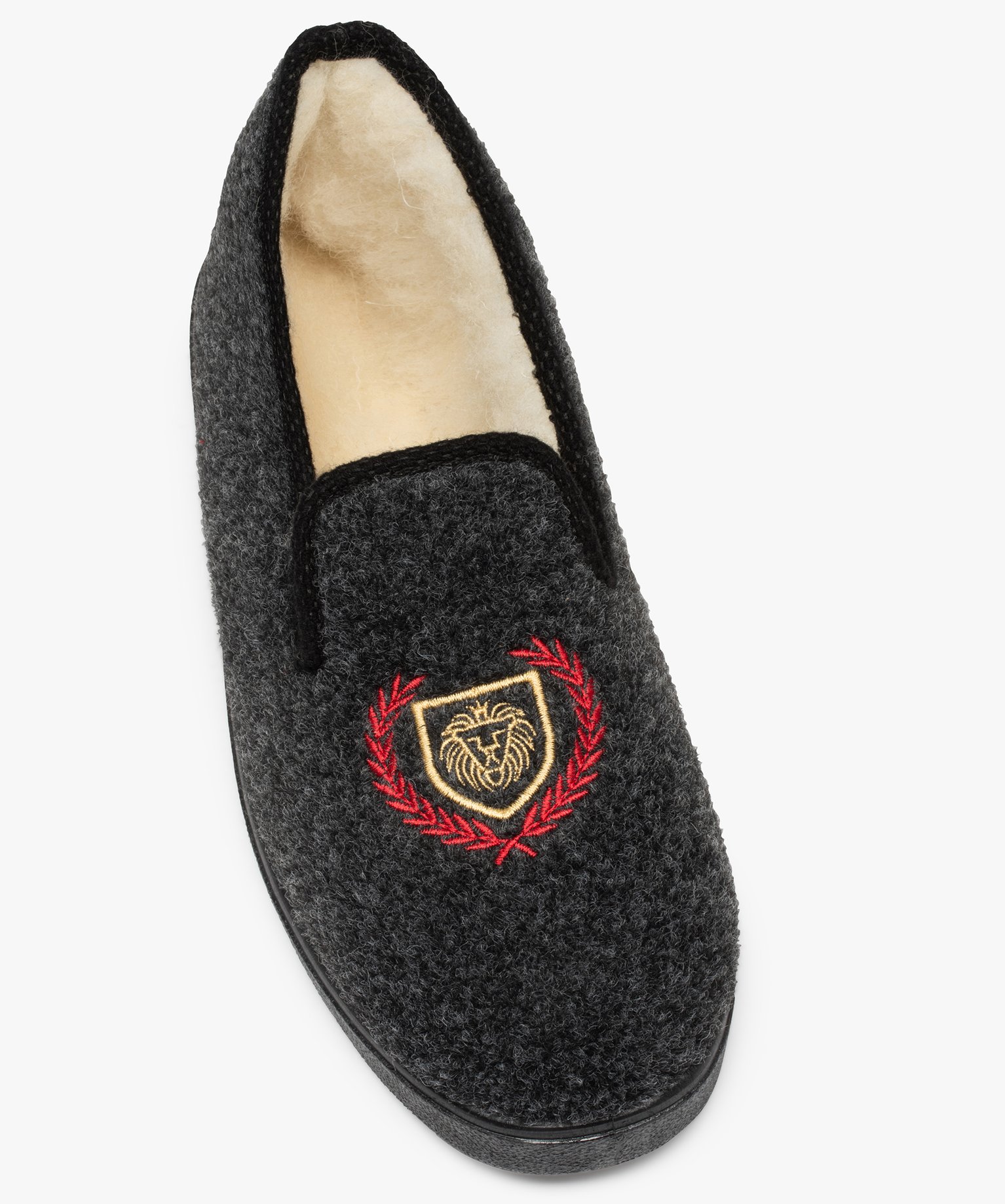 Chaussons homme charentaises en feutrine brodée gris fonce | GEMO