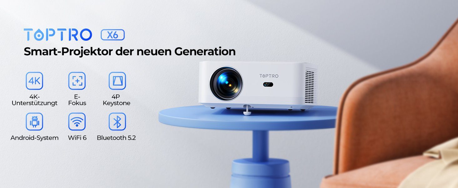 TOPTRO 1080P 4K Unterstützt, 600 ANSI Portabler Projektor (15000 lm, 20000:1, 1920x1080 px, Flexible Aufstellung für ein beeindruckendes audiovisuelles Erlebnis)